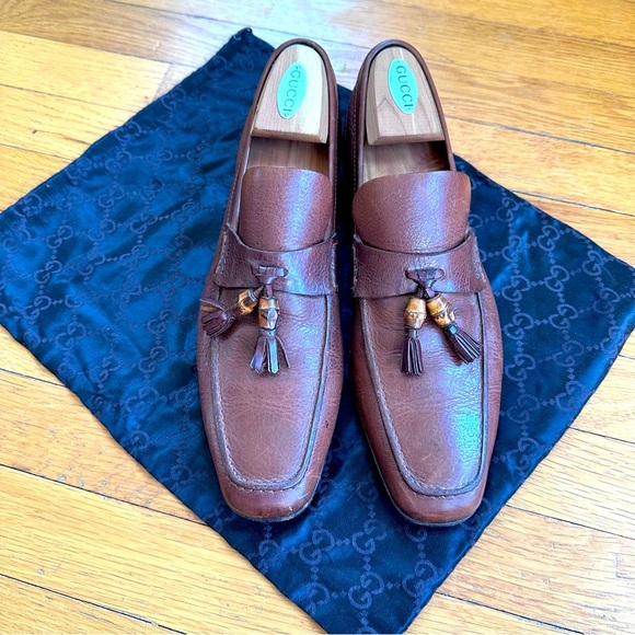 Vintage Gucci Brown Leather Bamboo Tassel Loafers Mens Size 9.5D (US 10) - Picture 1 of 12